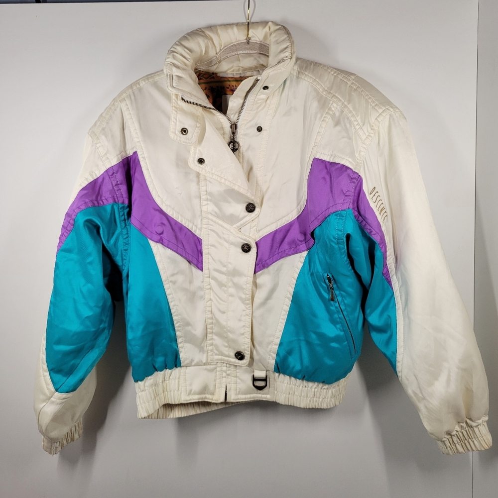 VTG 80 90s Descente White Purple Teal Ski Satin Puffer Ski Jacket Women US Sz 10